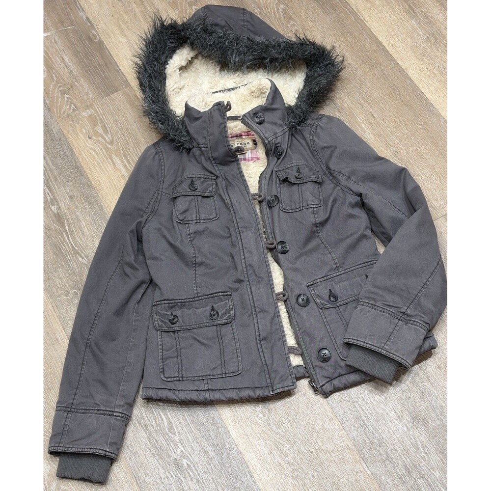 Women's Faux Fur Hooded Parka Jacket Gray Winter Utility Coat Size S Y2K Indie